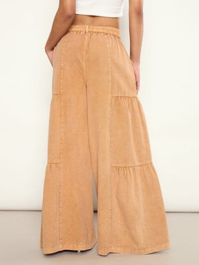 Beige Overdyed Front Gathered Flared Jeans-SASSAFRAS