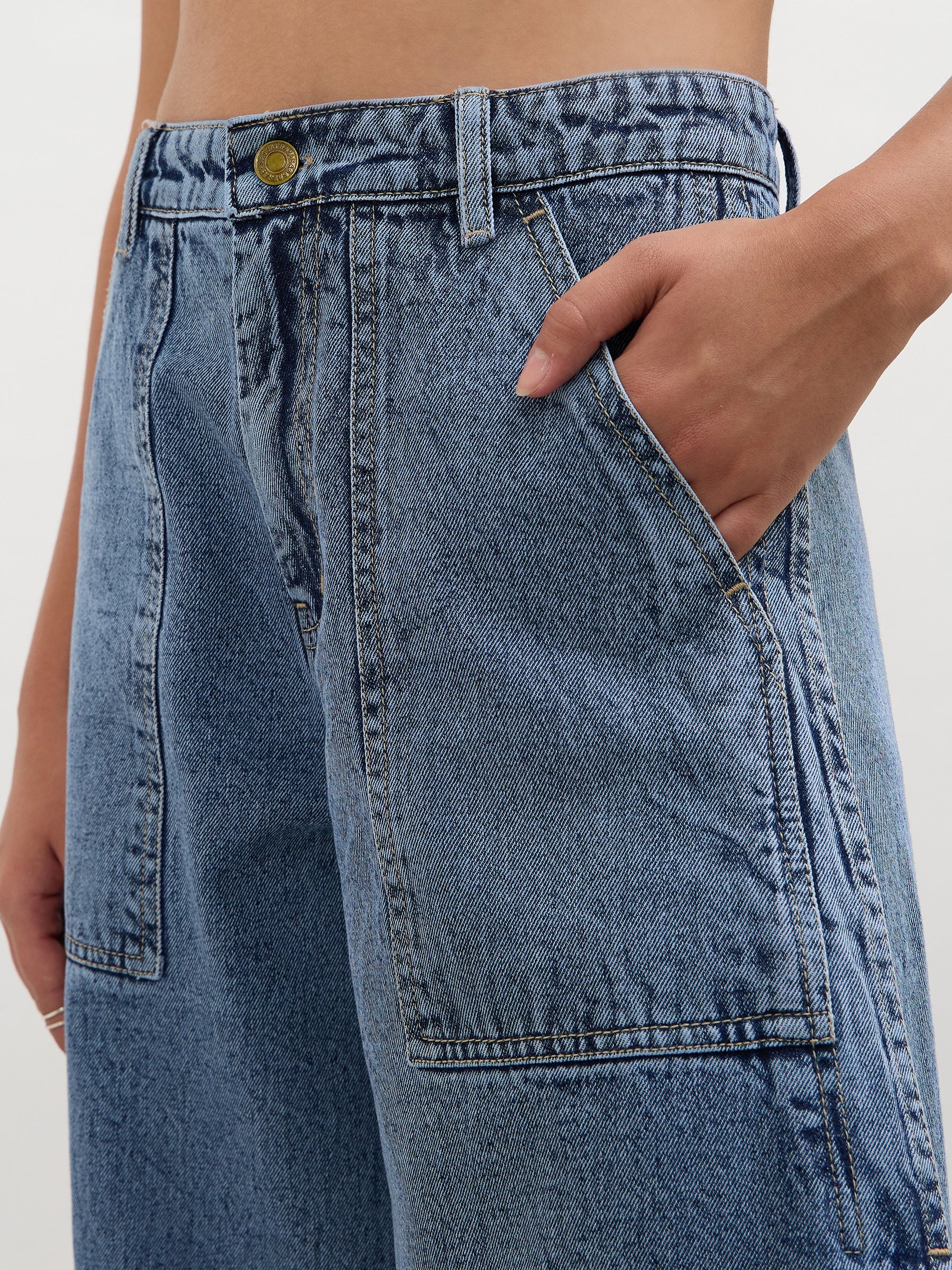 Blue Blast Washed Curve Detail Barrel Jeans-SASSAFRAS
