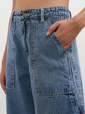 Blue Blast Washed Curve Detail Barrel Jeans-SASSAFRAS