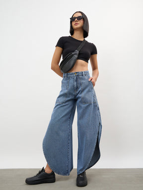 Blue Blast Washed Curve Detail Barrel Jeans-SASSAFRAS