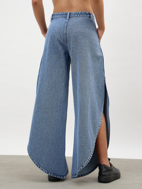 Women Blue Blast Washed Curve Detail Barrel Jeans