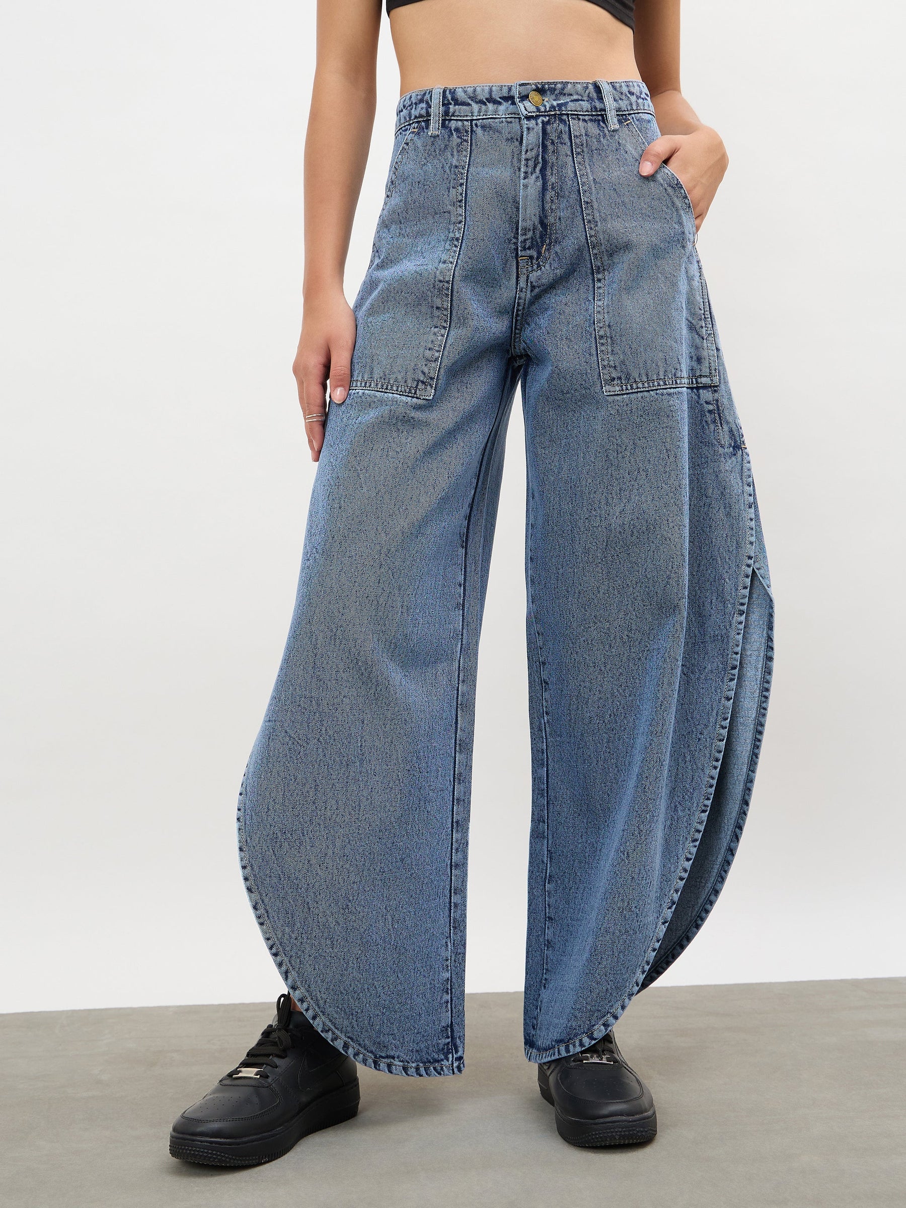 Women Blue Blast Washed Curve Detail Barrel Jeans