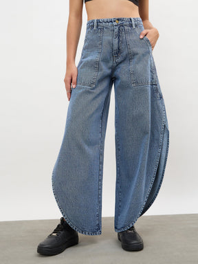 Women Blue Blast Washed Curve Detail Barrel Jeans