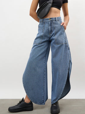 Women Blue Blast Washed Curve Detail Barrel Jeans