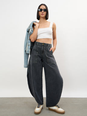 Black Washed Curve Detail Barrel Jeans-SASSAFRAS