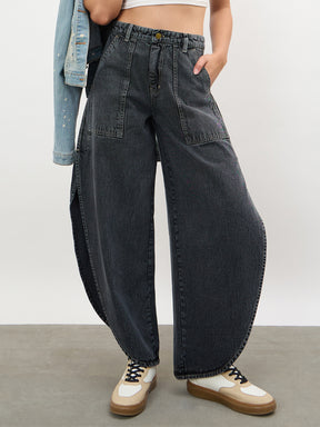 Women Black Washed Curve Detail Barrel Jeans