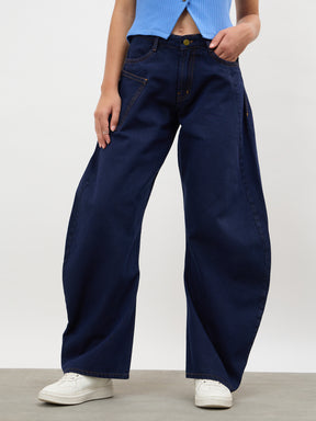 Dark Navy Side Seam Balloon Jeans-SASSAFRAS