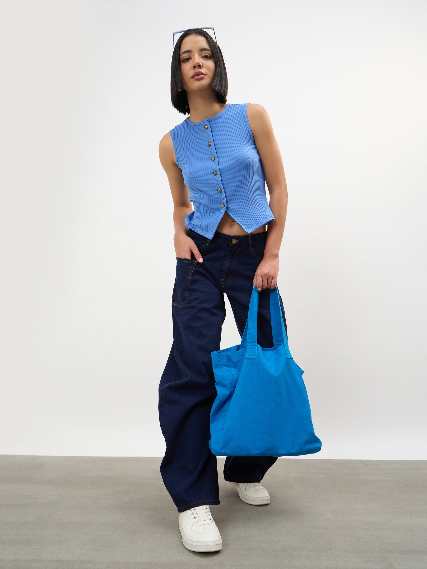 Dark Navy Side Seam Balloon Jeans-SASSAFRAS