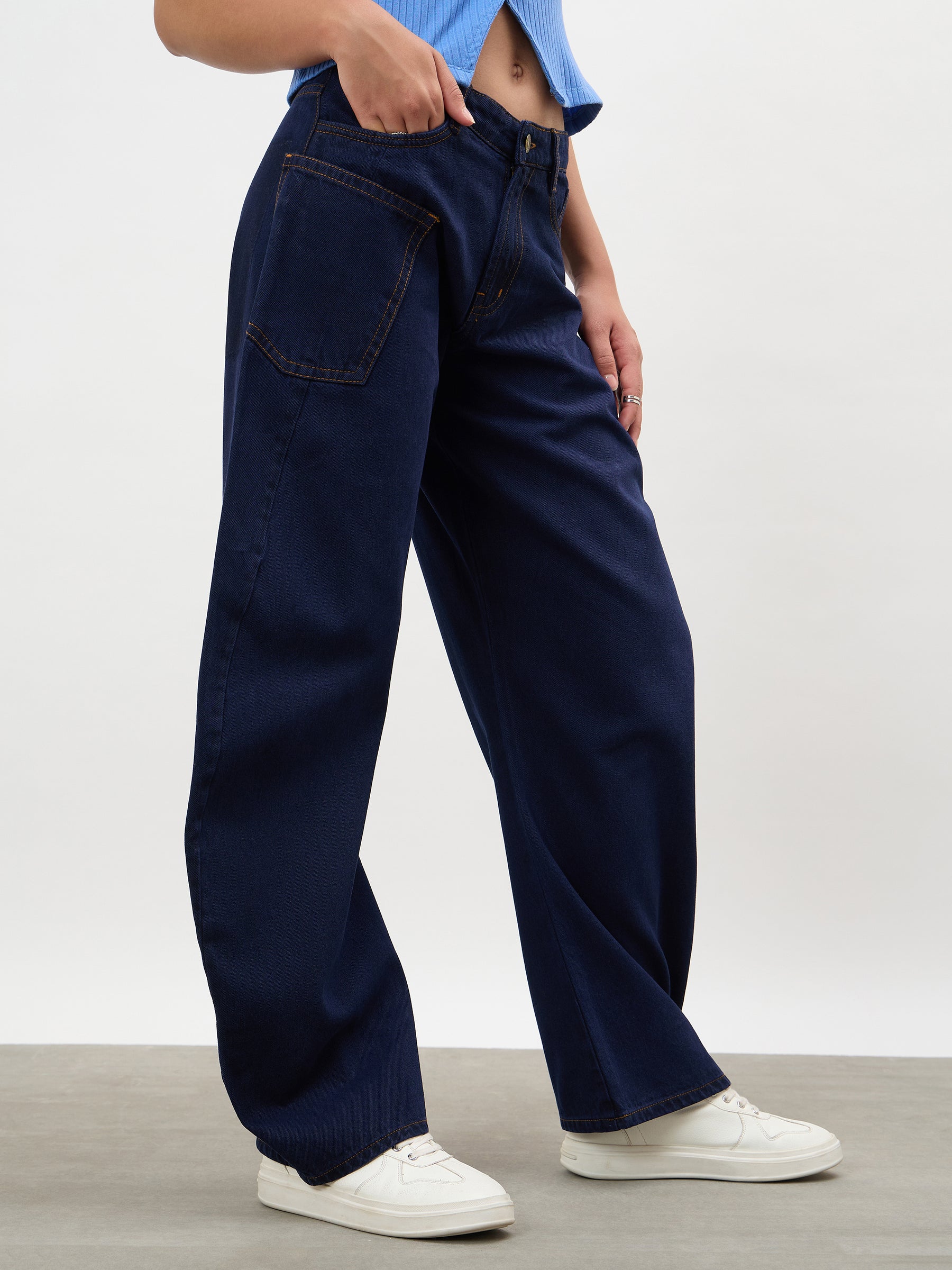 Dark Navy Side Seam Balloon Jeans-SASSAFRAS