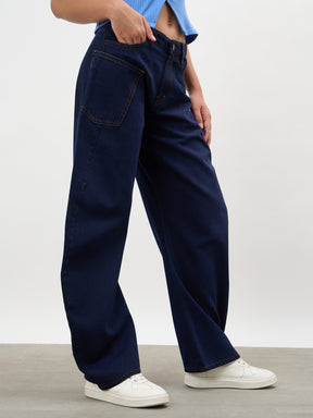 Dark Navy Side Seam Balloon Jeans-SASSAFRAS