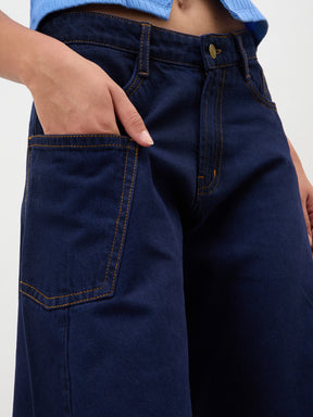 Dark Navy Side Seam Balloon Jeans-SASSAFRAS