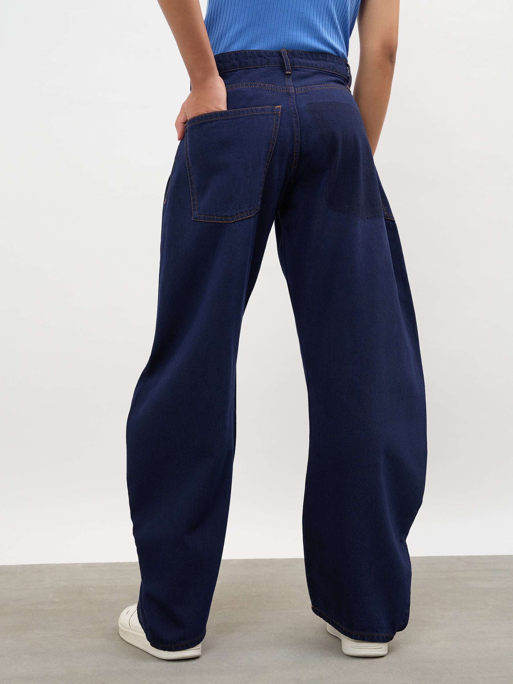 Dark Navy Side Seam Balloon Jeans-SASSAFRAS