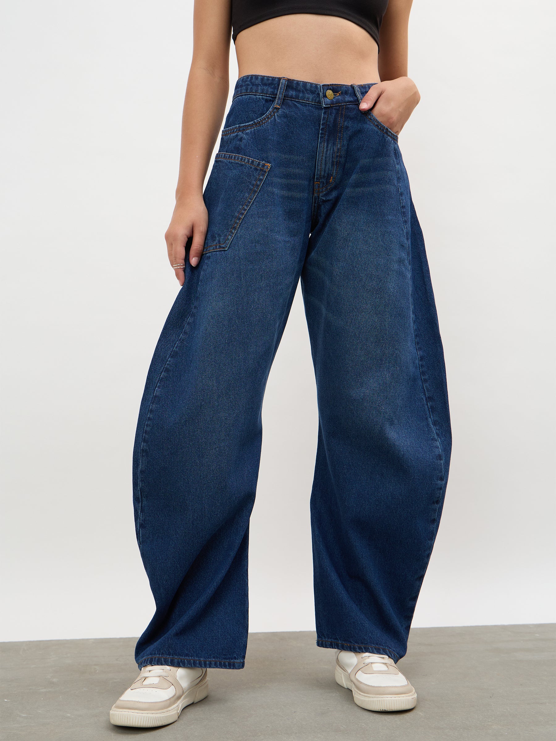 Navy Whisker Wash Side Seam Balloon Jeans-SASSAFRAS