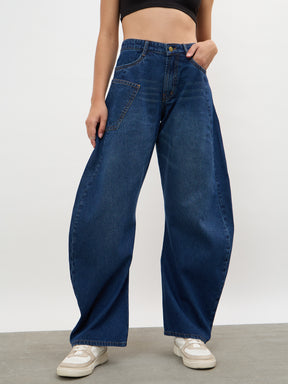 Navy Whisker Wash Side Seam Balloon Jeans-SASSAFRAS