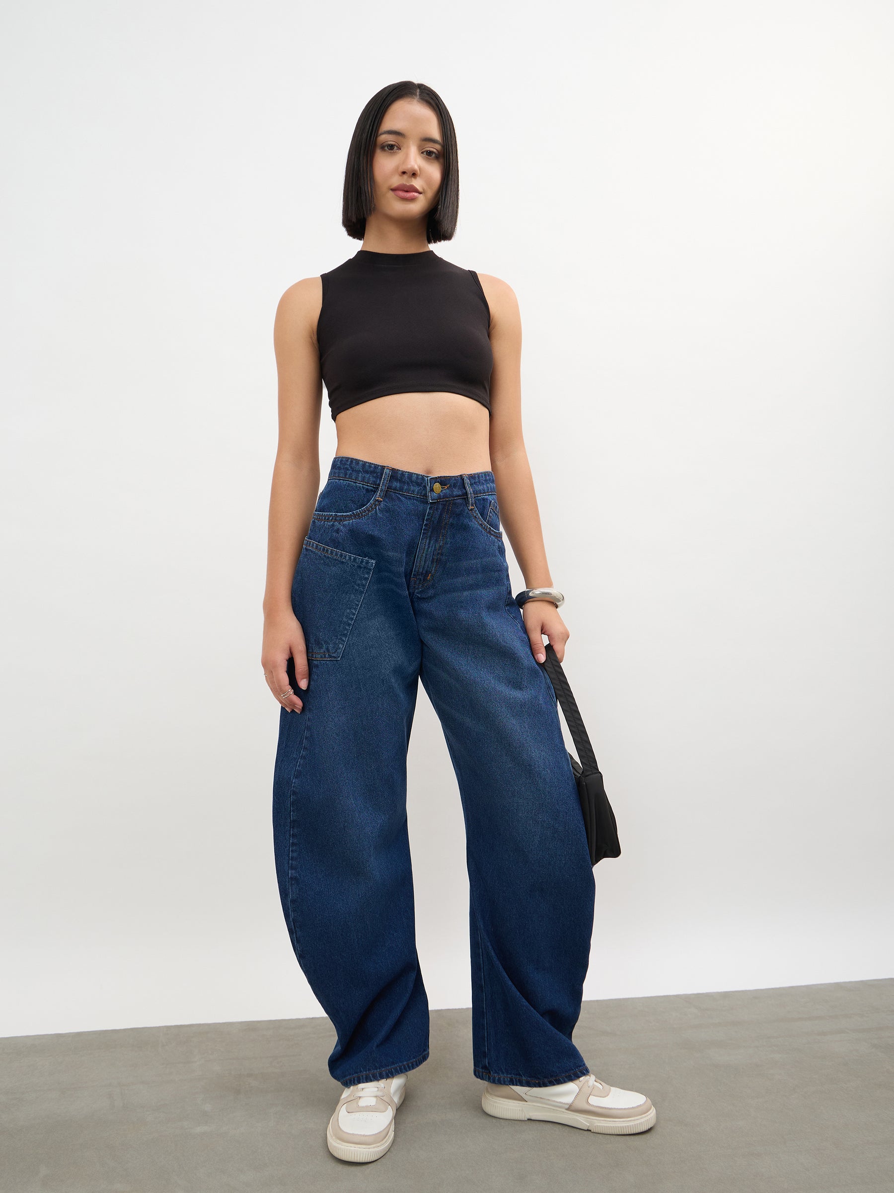 Navy Whisker Wash Side Seam Balloon Jeans-SASSAFRAS