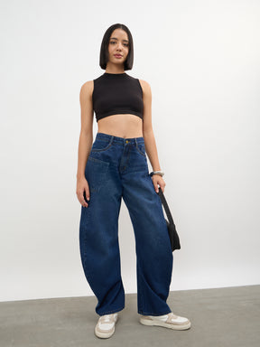 Navy Whisker Wash Side Seam Balloon Jeans-SASSAFRAS