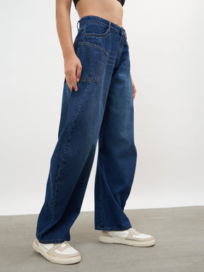 Navy Whisker Wash Side Seam Balloon Jeans-SASSAFRAS