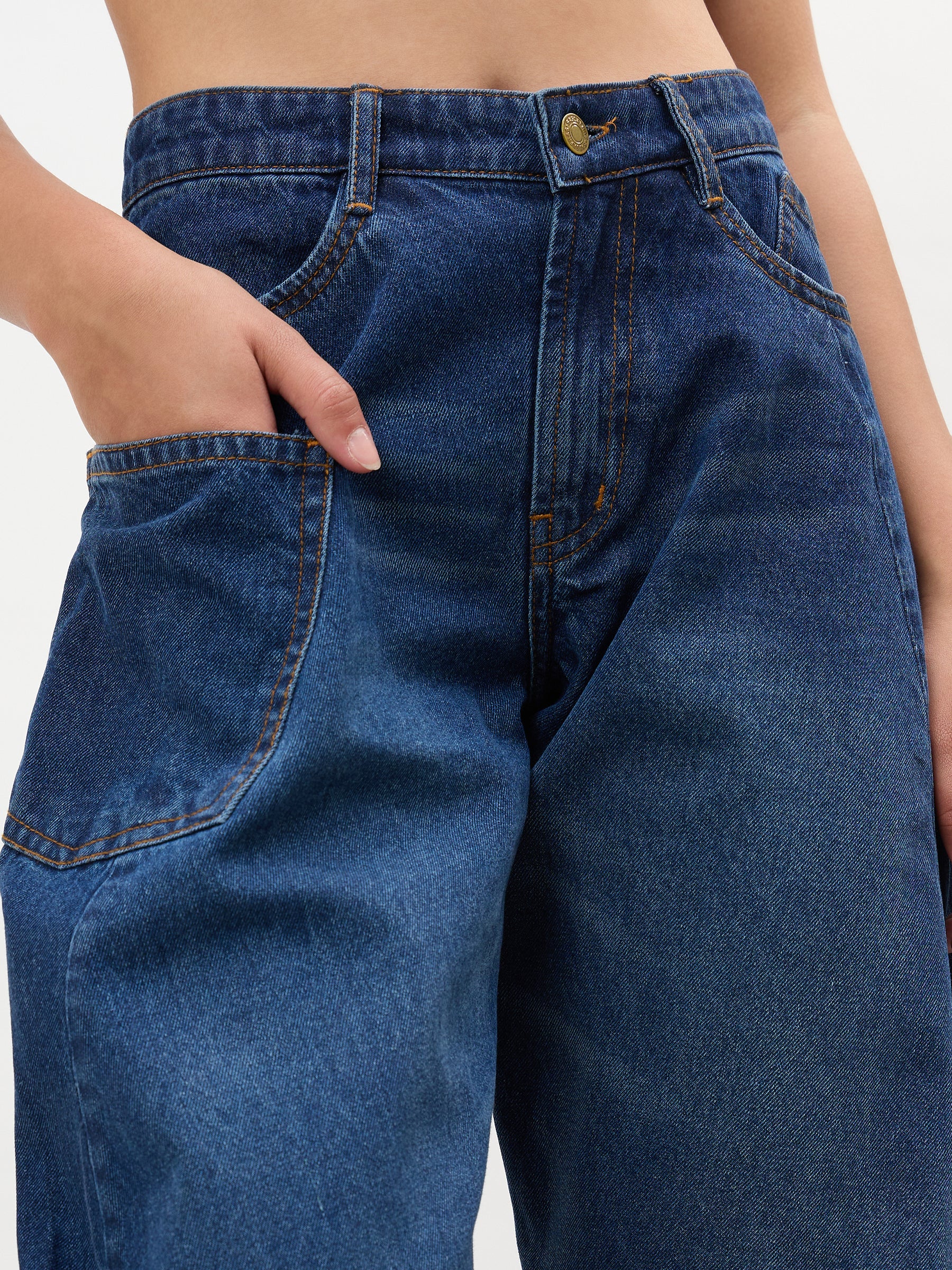 Navy Whisker Wash Side Seam Balloon Jeans-SASSAFRAS
