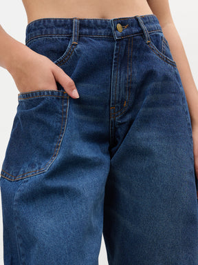 Navy Whisker Wash Side Seam Balloon Jeans-SASSAFRAS