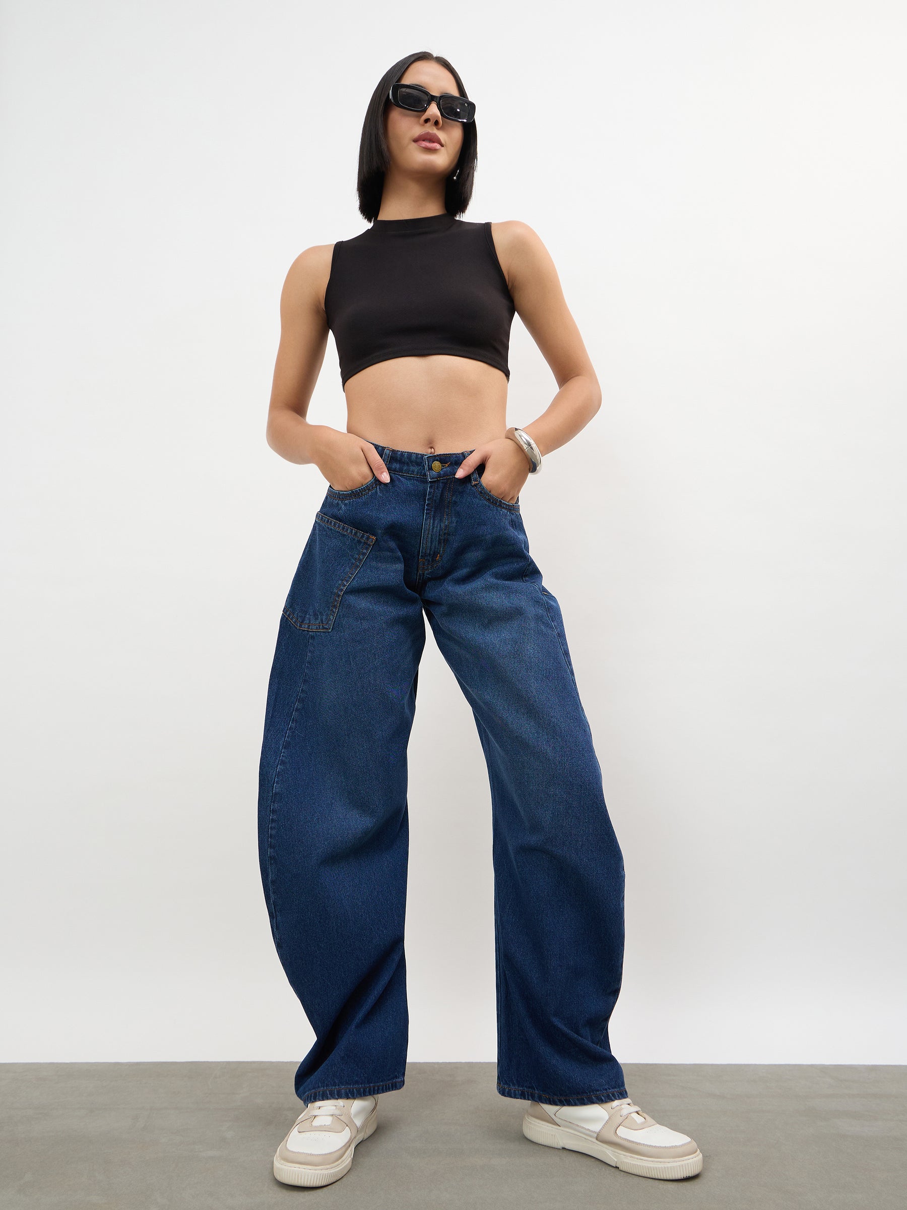 Navy Whisker Wash Side Seam Balloon Jeans-SASSAFRAS