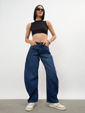Navy Whisker Wash Side Seam Balloon Jeans-SASSAFRAS