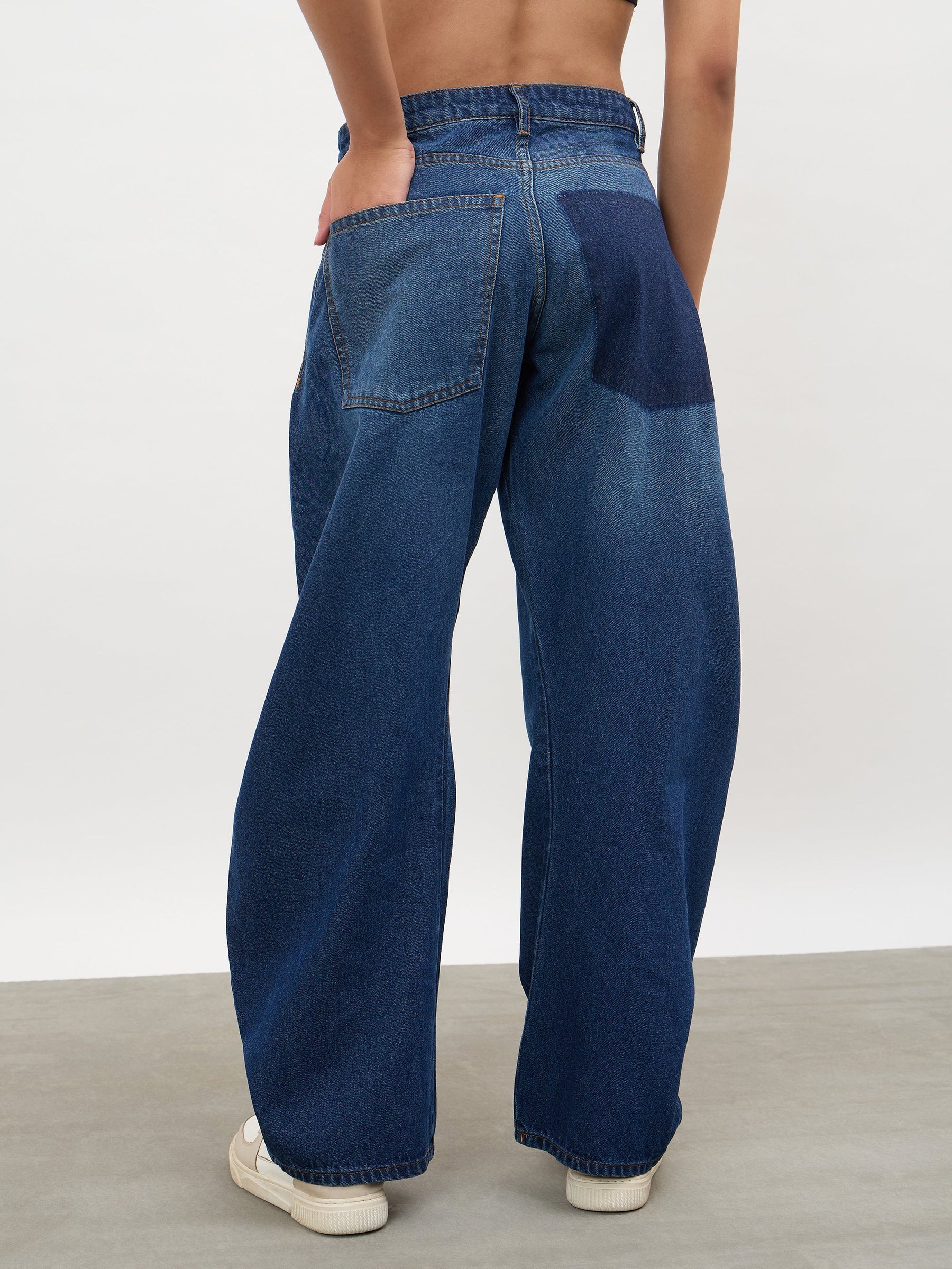 Women Navy Whisker Wash Side Seam Balloon Jeans