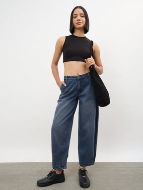 Women Navy Acid Wash Mid Rise Slouchy Fit Jeans