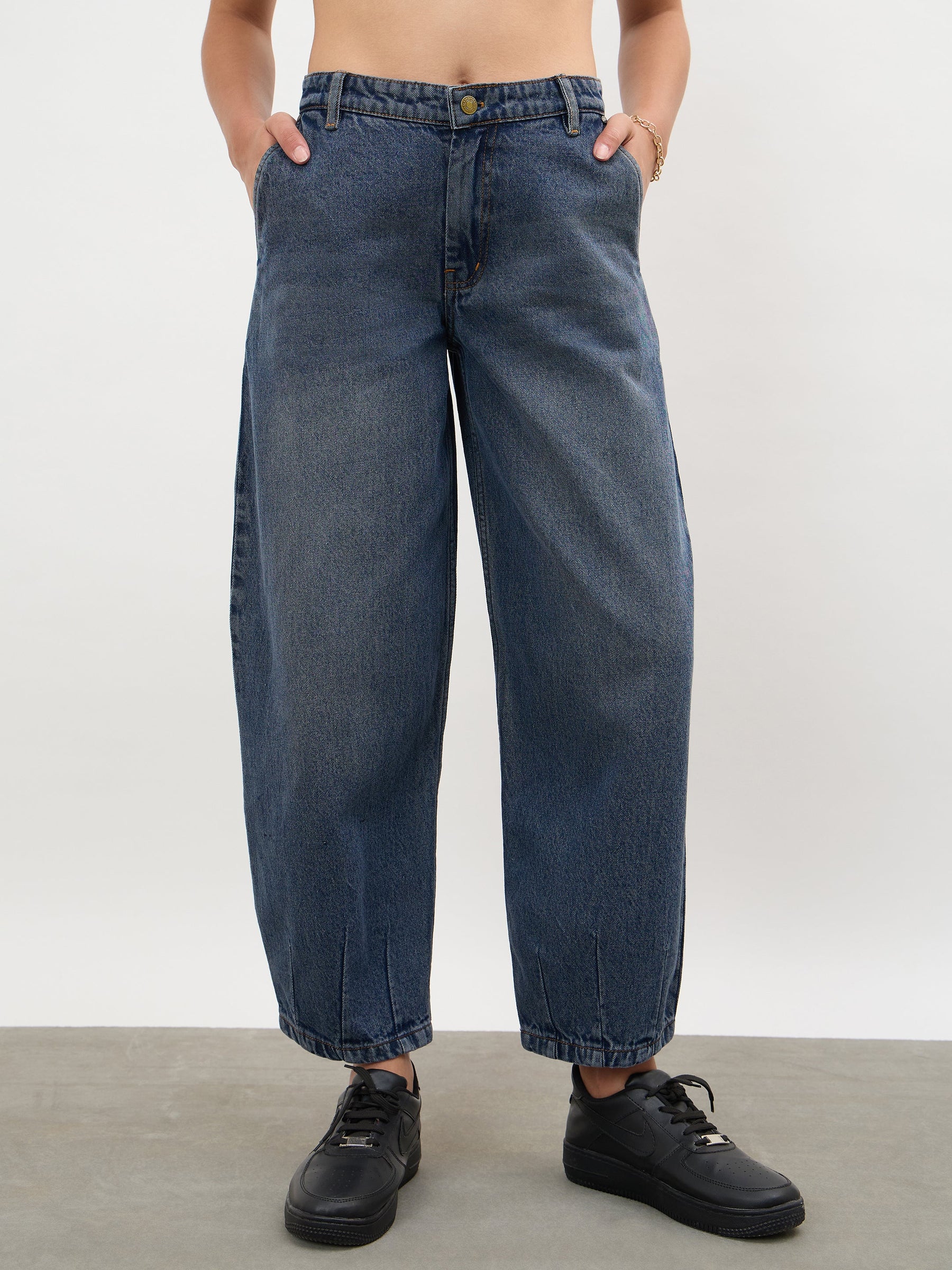 Women Navy Acid Wash Mid Rise Slouchy Fit Jeans