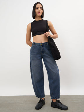Women Navy Acid Wash Mid Rise Slouchy Fit Jeans