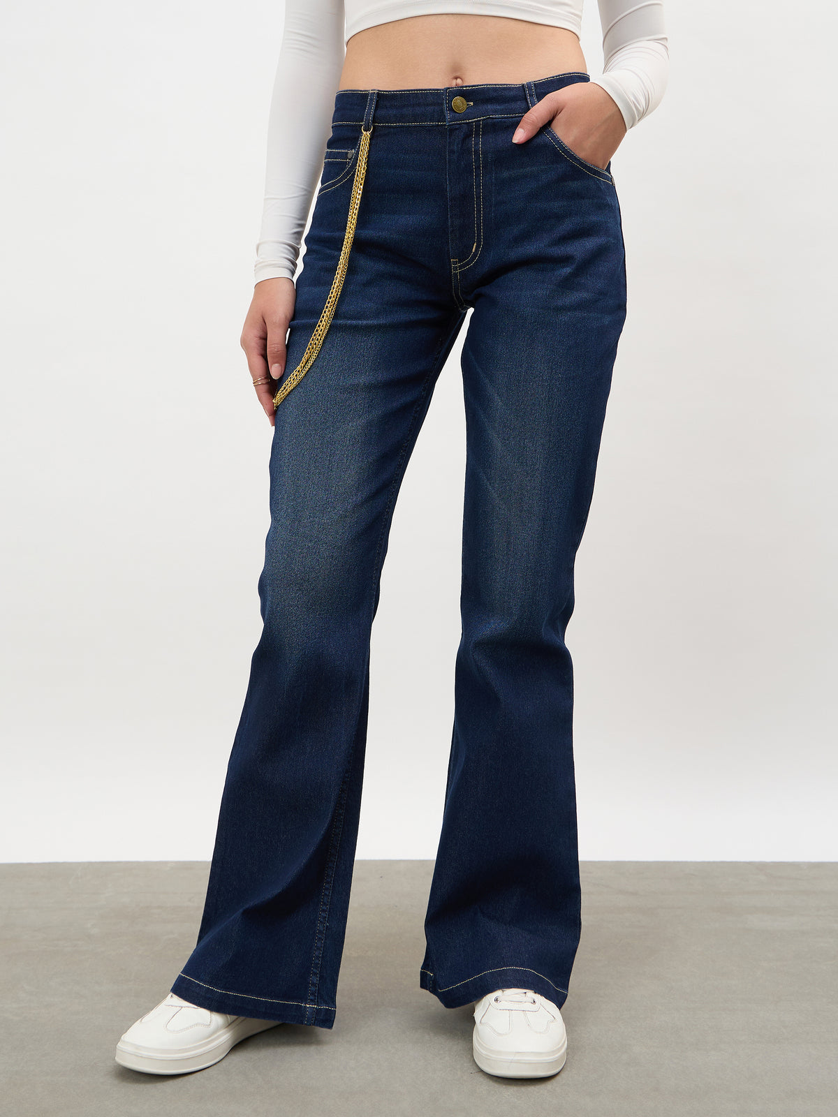 Navy Whisker Washed Boot Cut Jeans-SASSAFRAS 