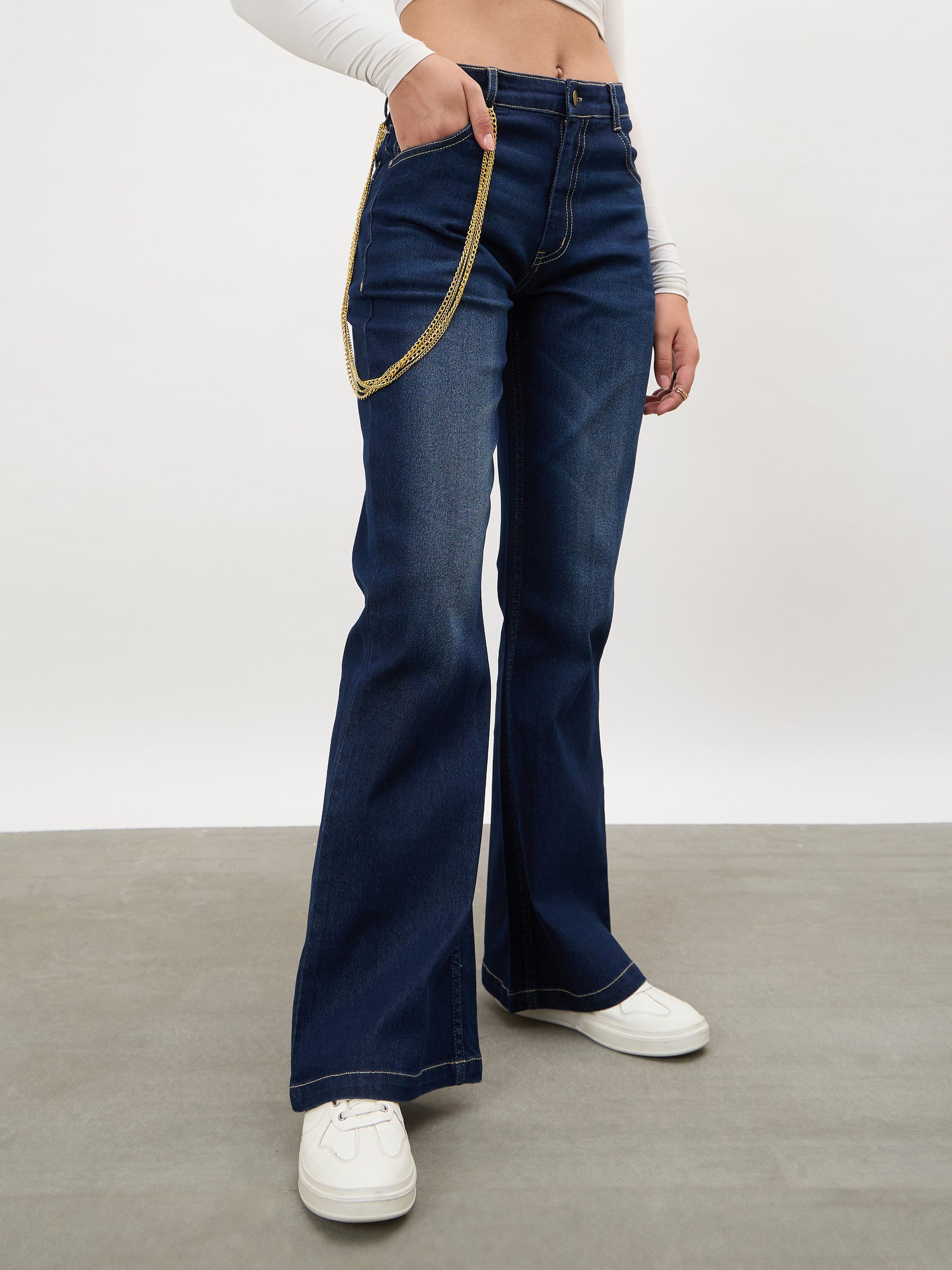 Navy Whisker Washed Boot Cut Jeans-SASSAFRAS 