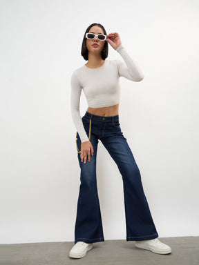 Women Navy Whisker Washed Boot Cut Jeans