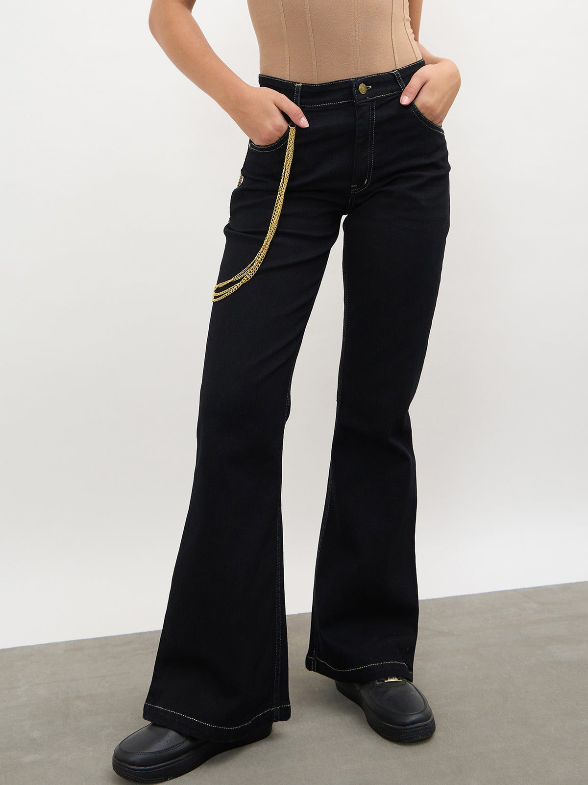 Black Whisker Washed Boot Cut Jeans-SASSAFRAS 