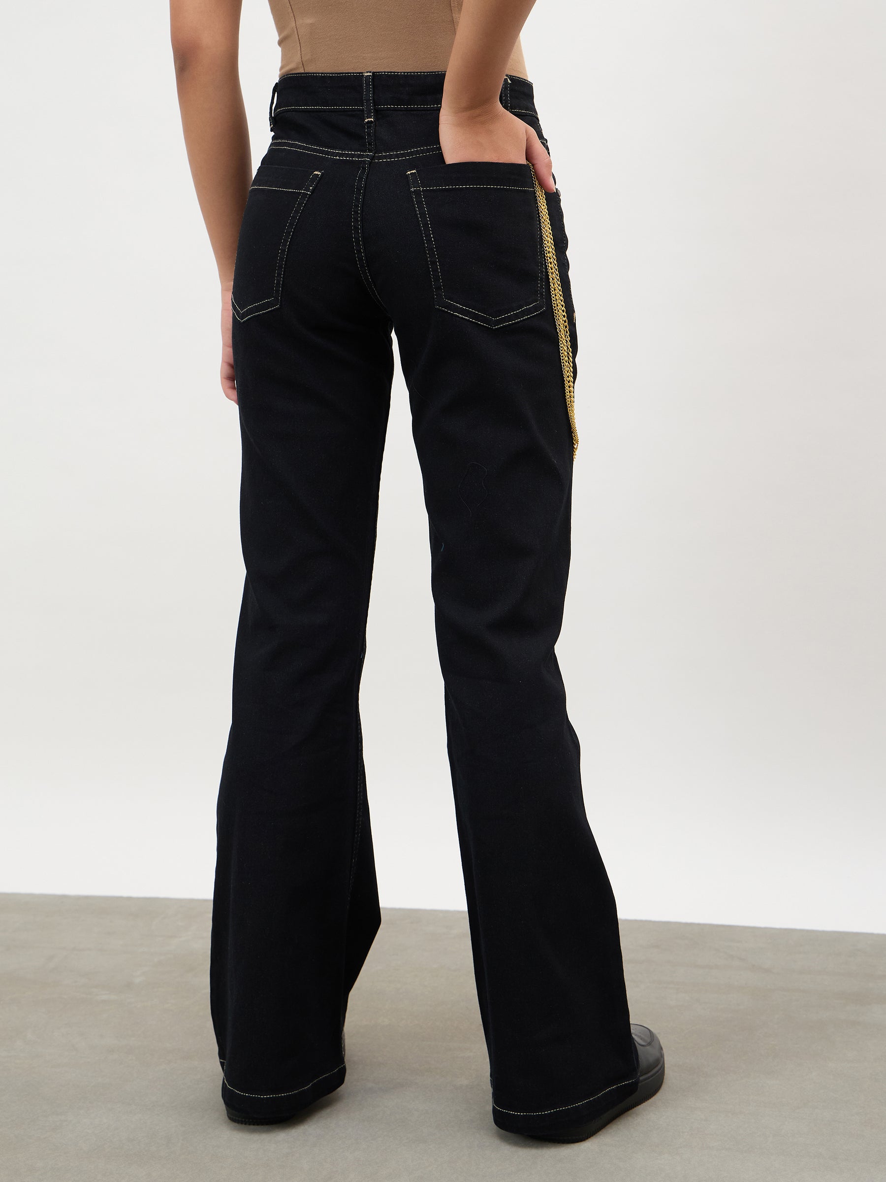 Black Whisker Washed Boot Cut Jeans-SASSAFRAS 