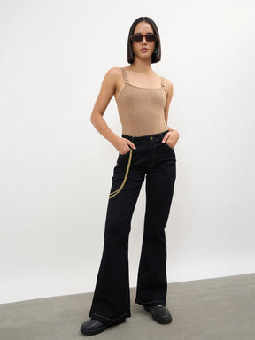 Women Black Whisker Washed Boot Cut Jeans