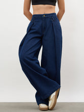Navy Overlap Pleated Mid Rise Jeans-SASSAFRAS