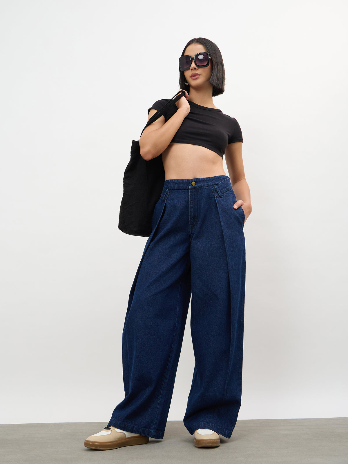 Navy Overlap Pleated Mid Rise Jeans-SASSAFRAS