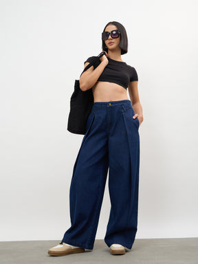 Navy Overlap Pleated Mid Rise Jeans-SASSAFRAS
