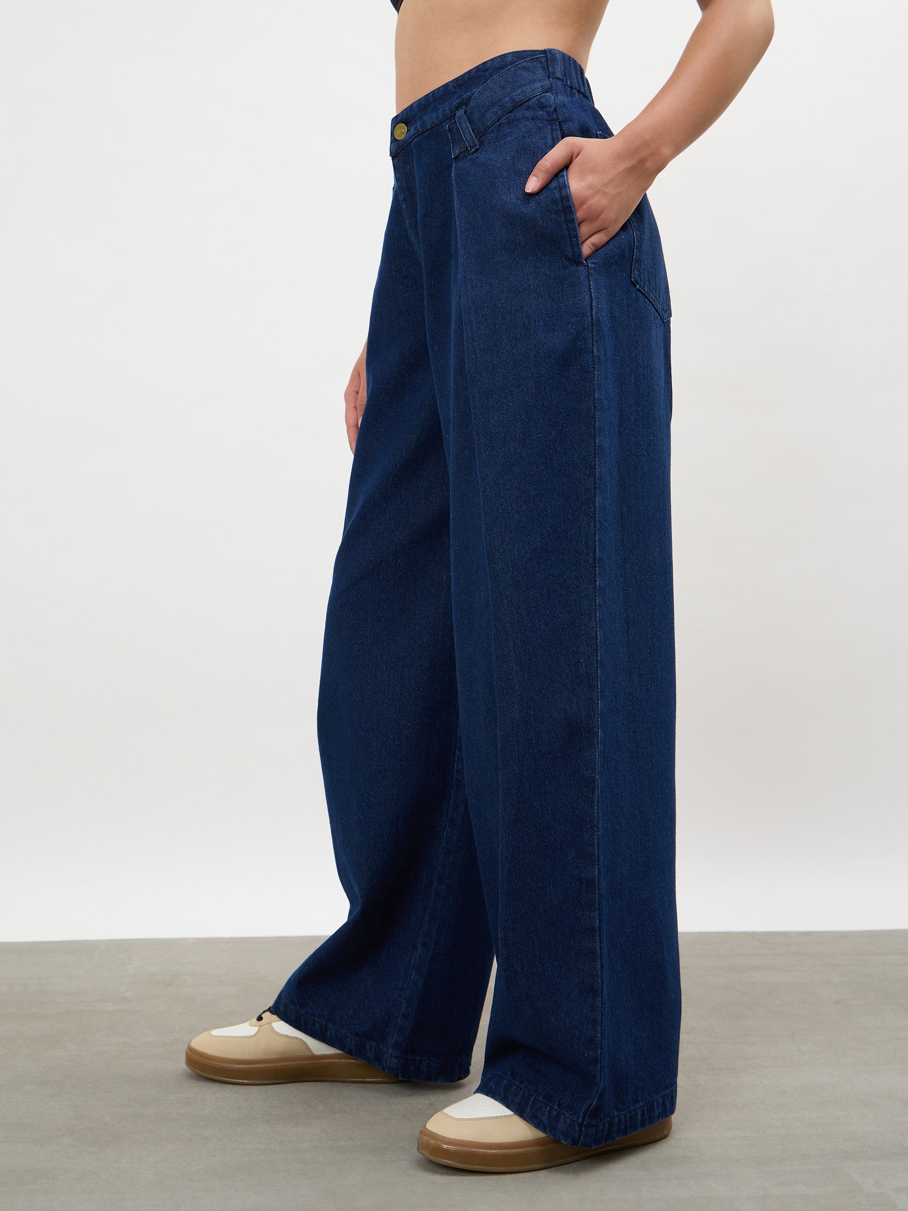 Navy Overlap Pleated Mid Rise Jeans-SASSAFRAS