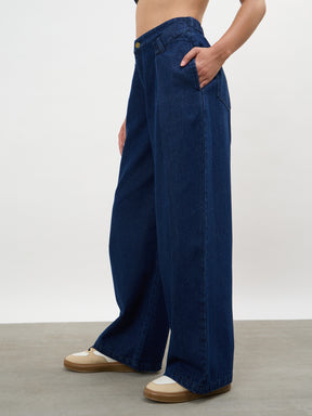 Navy Overlap Pleated Mid Rise Jeans-SASSAFRAS