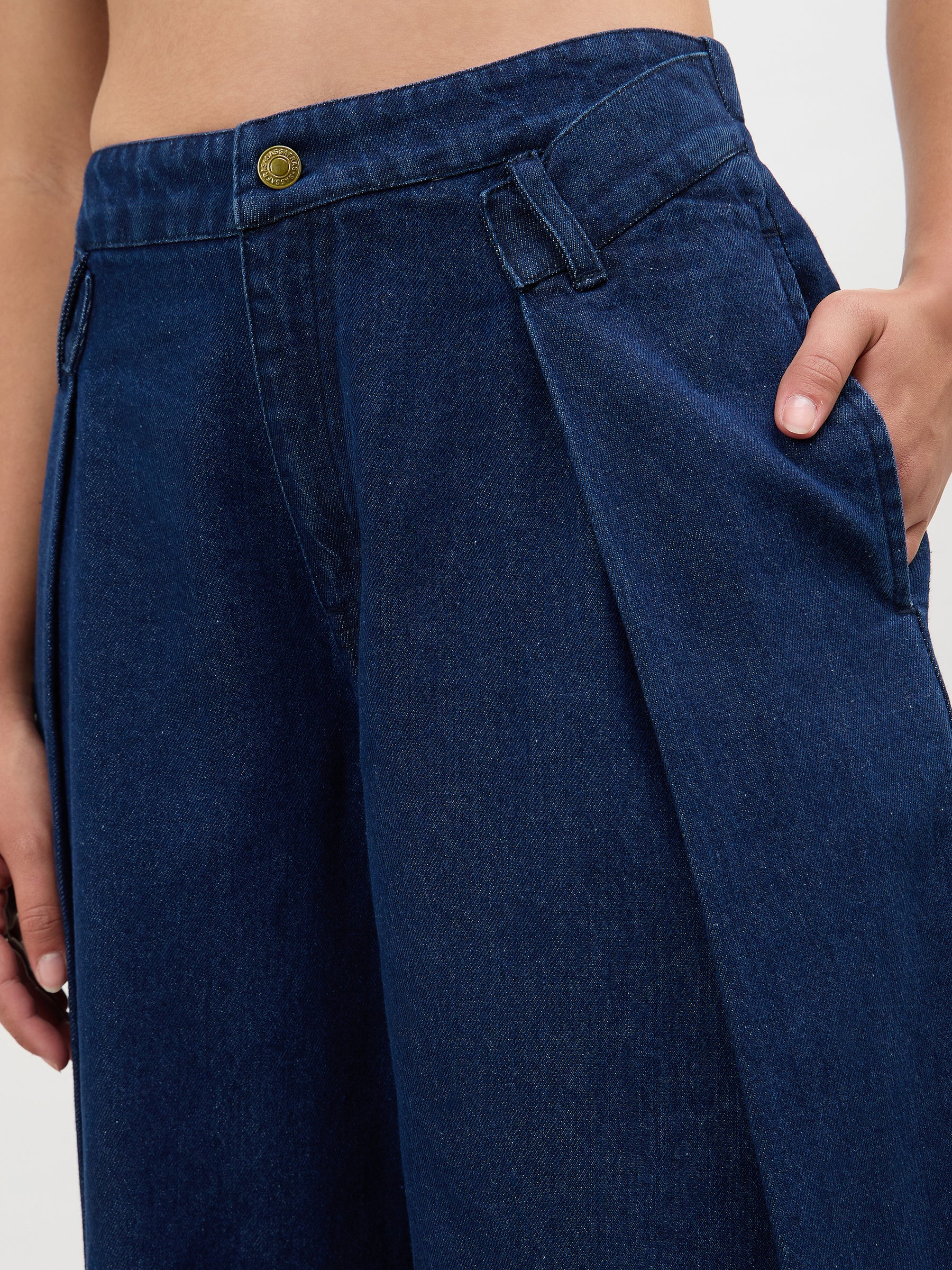 Navy Overlap Pleated Mid Rise Jeans-SASSAFRAS