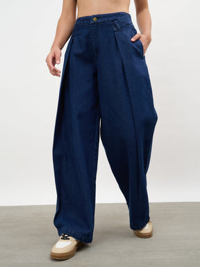 Women Navy Overlap Pleated Mid Rise Jeans