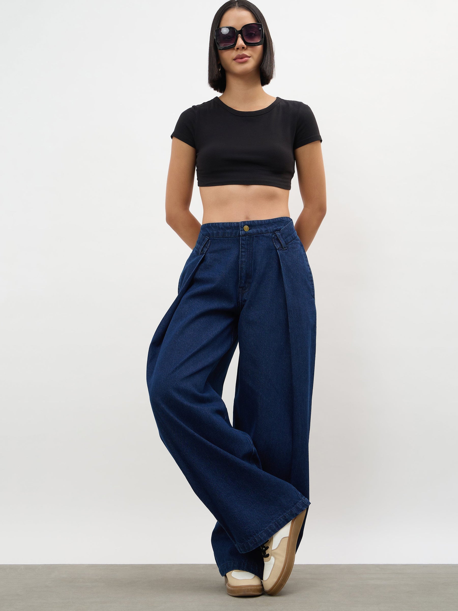 Women Navy Overlap Pleated Mid Rise Jeans