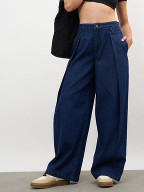 Women Navy Overlap Pleated Mid Rise Jeans