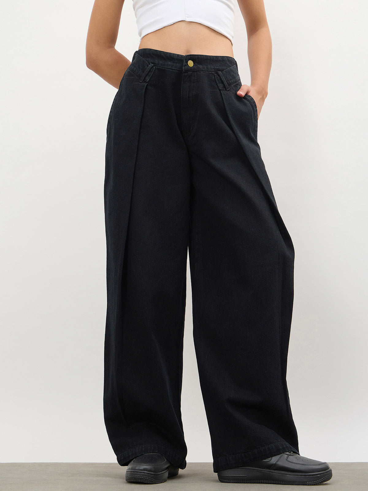 Jet Black Overlap Pleated Mid Rise Jeans-SASSAFRAS 