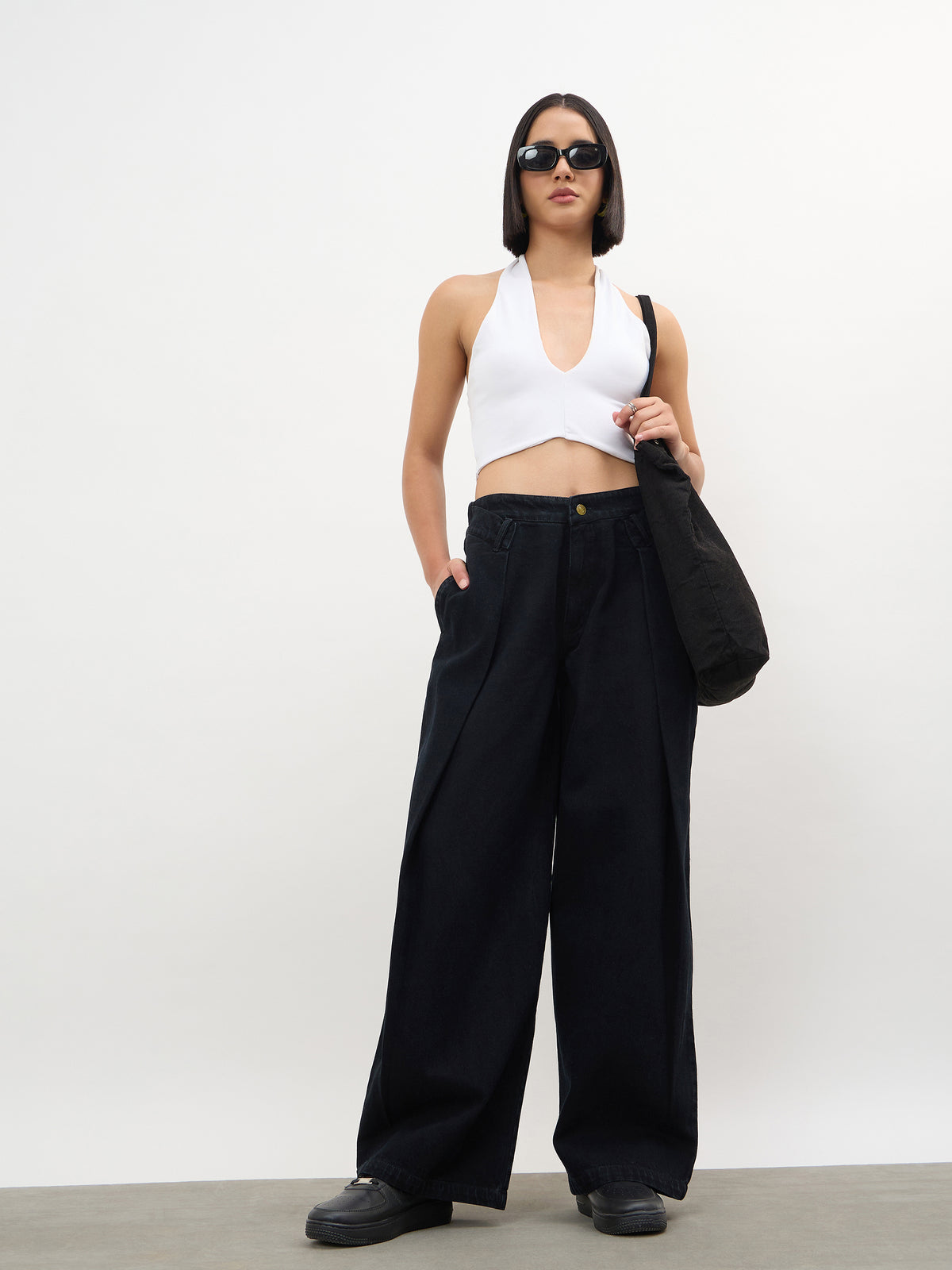 Jet Black Overlap Pleated Mid Rise Jeans-SASSAFRAS 