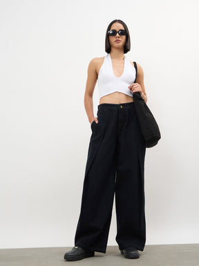 Jet Black Overlap Pleated Mid Rise Jeans-SASSAFRAS 