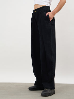 Jet Black Overlap Pleated Mid Rise Jeans-SASSAFRAS 
