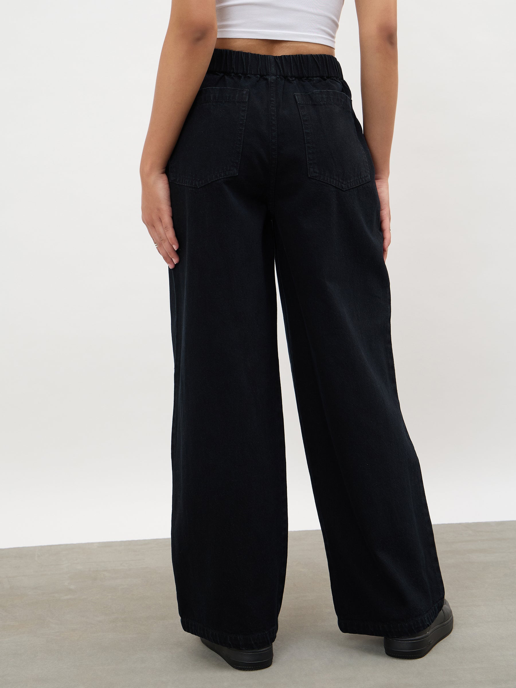 Jet Black Overlap Pleated Mid Rise Jeans-SASSAFRAS 