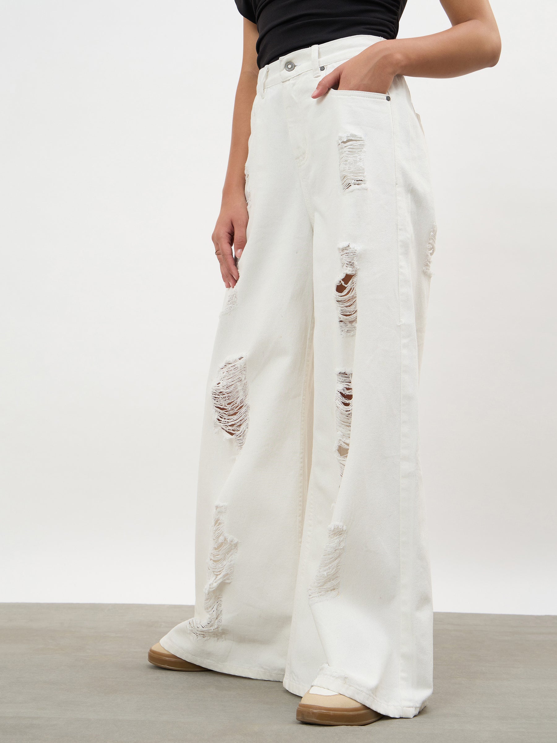 White Denim Flared Distressed Jeans-SASSAFRAS